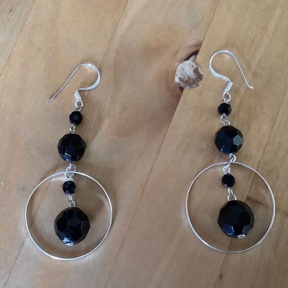 STERLING SILVER 925 BLACK ONYX WOMAN EARRINGS - Picture 5 of 7